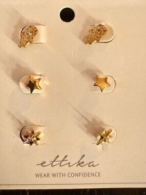 Ettika 18k Gold Plated Crystal Stud Earrings Set – 3 Pairs NWT